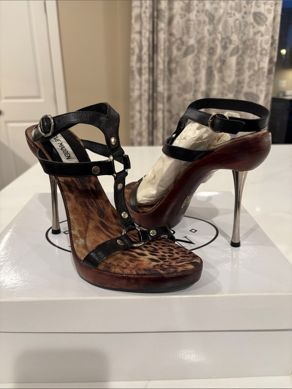 Steve Madden Black Leather & Leopard Print Stiletto Sandals